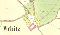 Vrbice na mapě stabilního katastru z první poloviny 19. století (červeně bývalý dvůr)